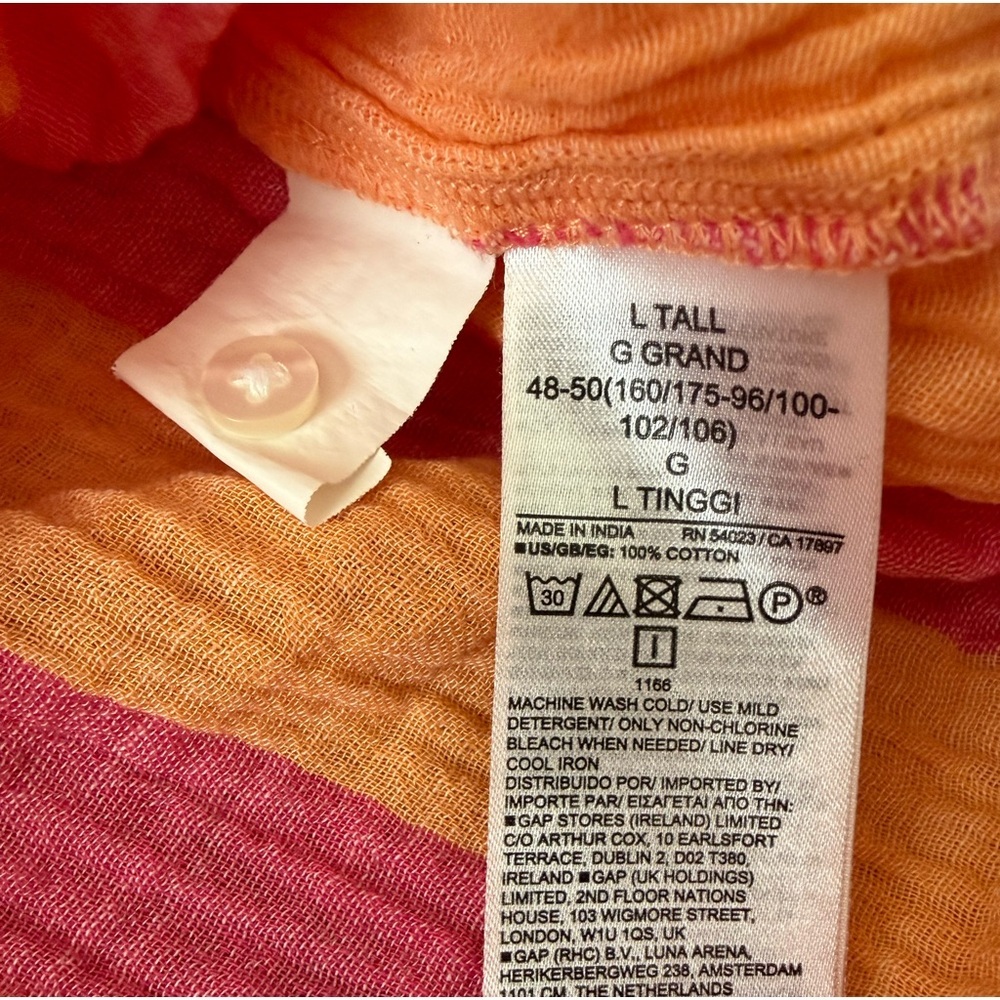GAP Short Sleeve Button Gauze Cotton Shirt Striped Pink Orange Size Large Tall - Picture 4 of 9